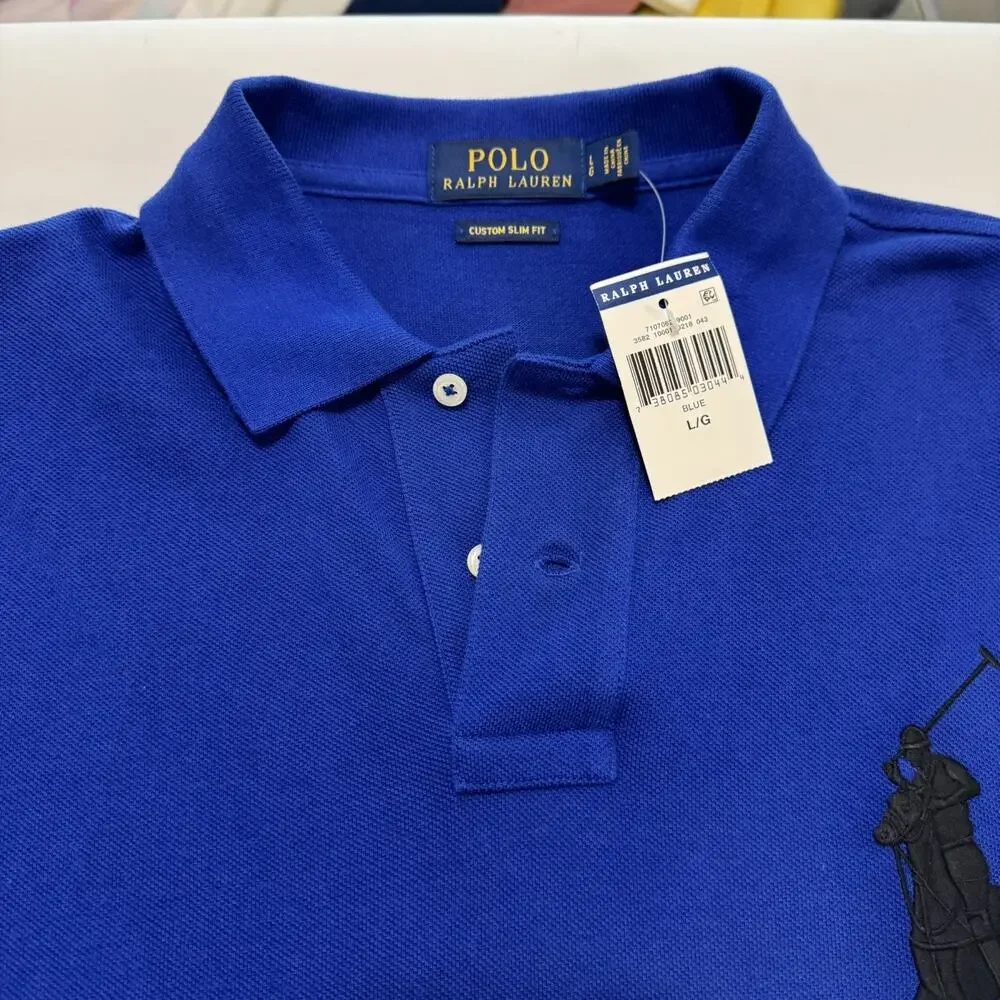 NEW Polo Ralph Lauren Polo Shirt Big Pony #3 Men's Large Blue Custom Fit Cotton